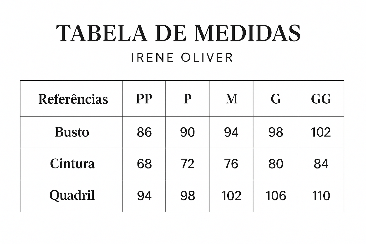 Tabela de Medidas - Irene Oliver